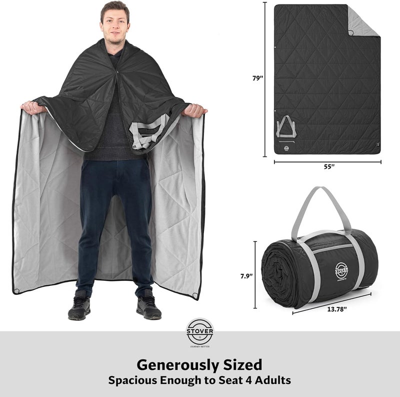 STOVER Large Waterproof Outdoor Stadium Blanket– Extra Thick Soft Fleece Camping Blanket for Travel, Picnics, Sports, Dogs– 79"x55", Warm, Windproof, Sand-Proof, Lightweight, Packable (Onyx Black) - Image 5